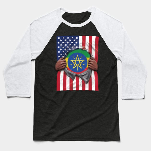 Ethiopia Flag American Flag Ripped - Gift for Ethiopian From Ethiopia Baseball T-Shirt by Country Flags